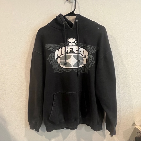 Vintage 90’s Y2K faded black no fear hoodie with front and sleeve graphic large - Picture 1 of 12